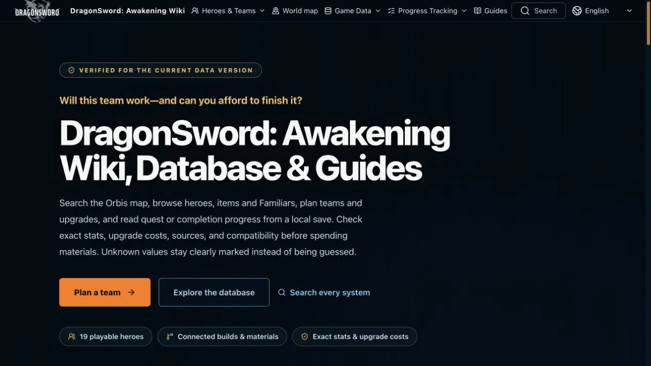 DragonSword Awakening Wiki home page introducing heroes, teams, maps, data, and progress tools