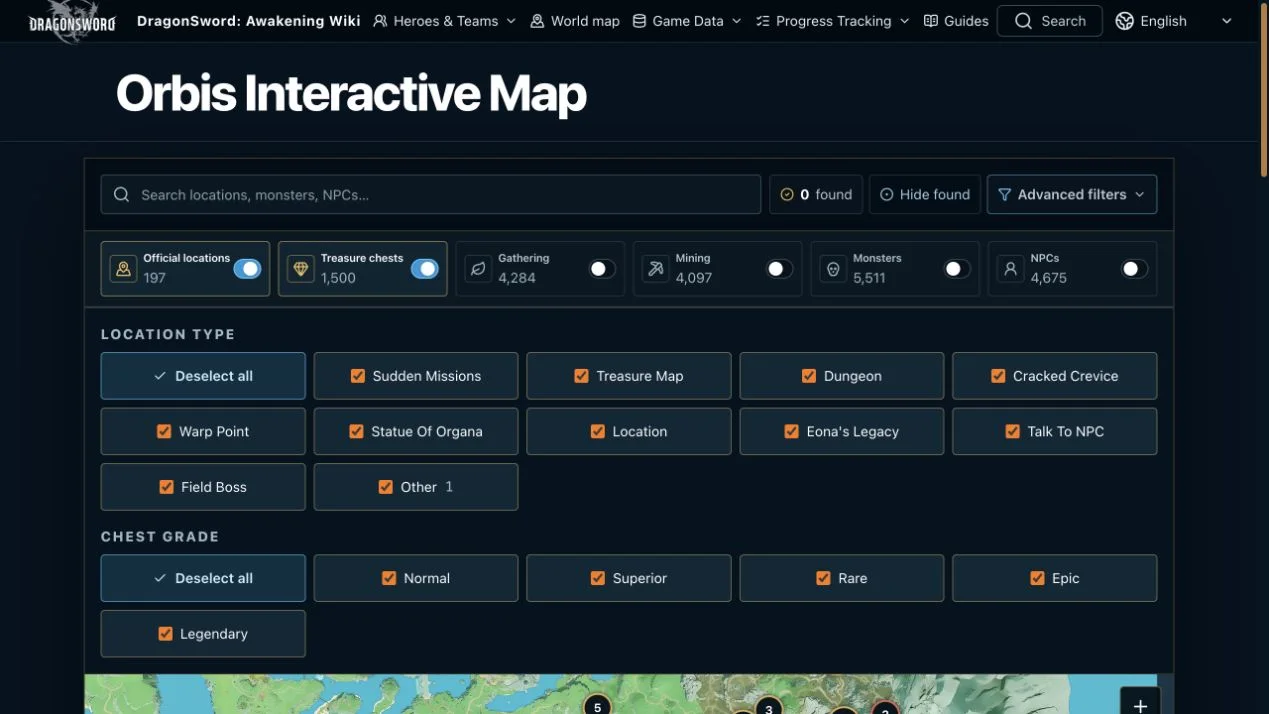 DragonSword Awakening Orbis interactive map with location and chest filters