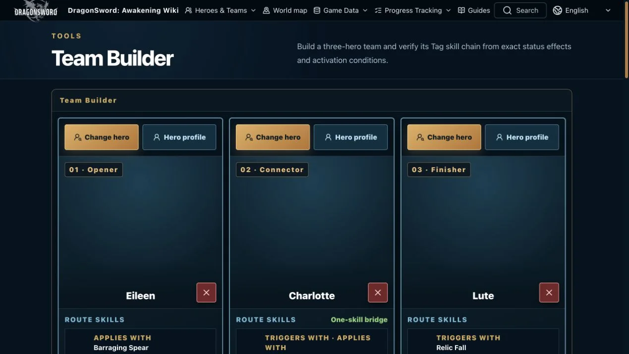 DragonSword Awakening Team Builder showing a three-hero status chain and substitute suggestions
