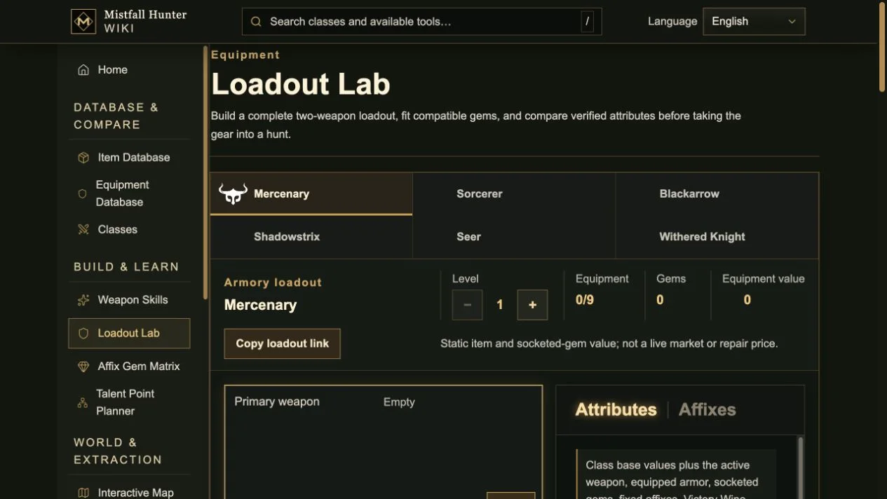 Mistfall Hunter Loadout Lab with class selection, equipment slots, attributes, and Victory Wine controls