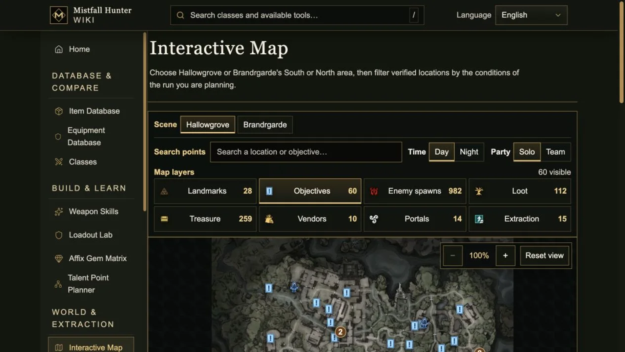 Mistfall Hunter interactive map showing filters for objectives, enemies, loot, portals, and extraction points
