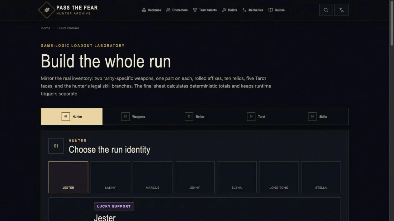 Pass the Fear Build Planner with hunter steps and a deterministic final stat sheet