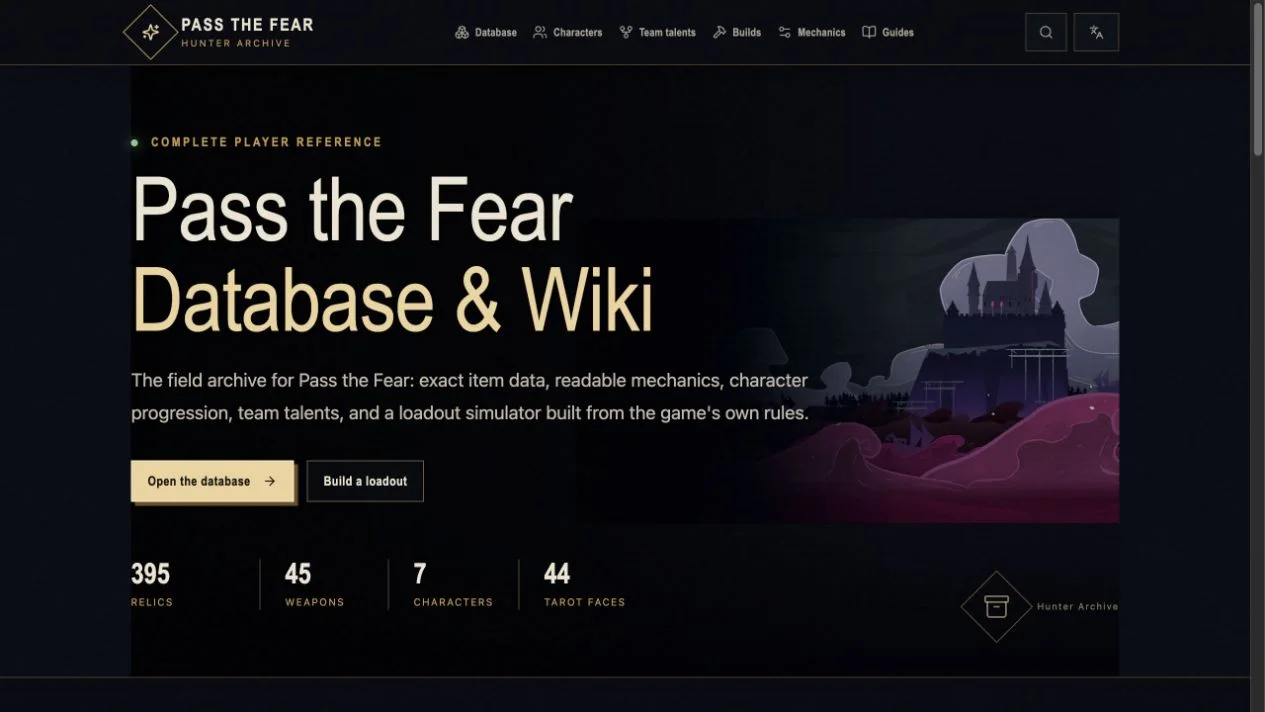 Pass the Fear Wiki home page introducing its databases, characters, mechanics, and build tools