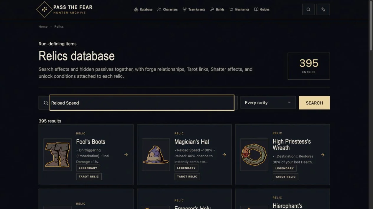 Pass the Fear relic database with search, rarity filtering, exact effects, and result cards