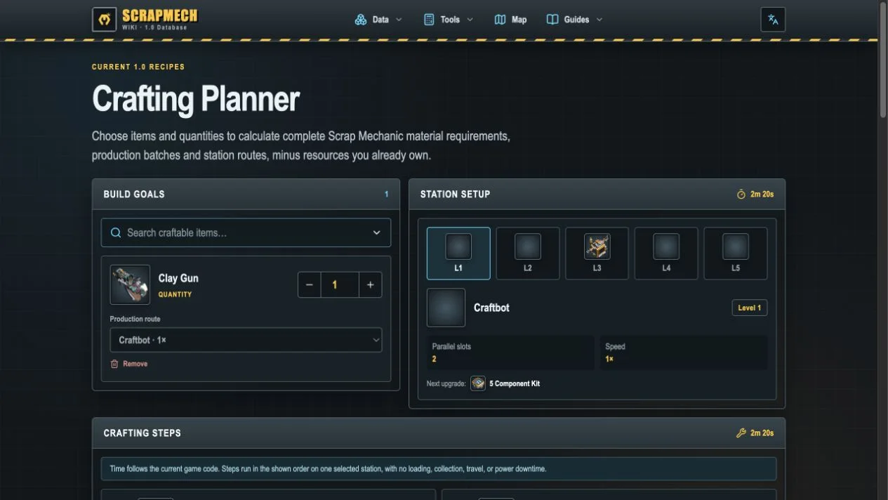 Scrap Mechanic Crafting Planner showing a Clay Gun goal, crafting steps, time, and base materials