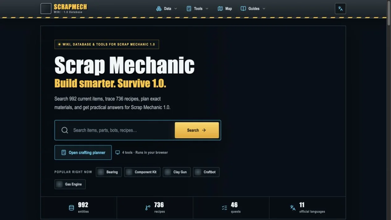 ScrapMech Wiki home page introducing its 1.0 database and four browser tools
